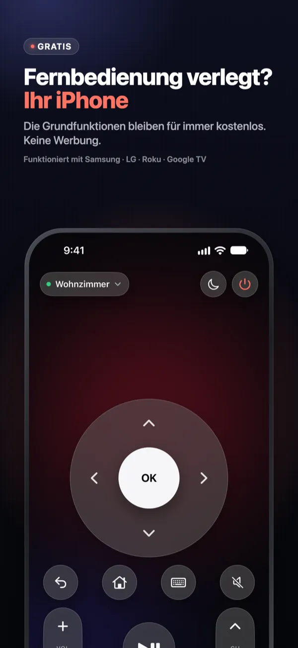 Fernbedienung verlegt? Ihr iPhone – die Vymote-Fernbedienung mit Touchpad, OK, Lautstärke und Sendern