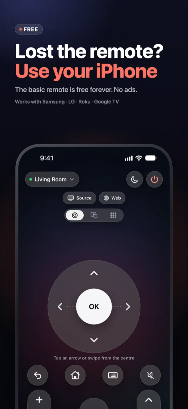 App Store screenshot 1: Lost the remote? Use your iPhone — the Vymote remote with clickpad, OK, volume and channels
