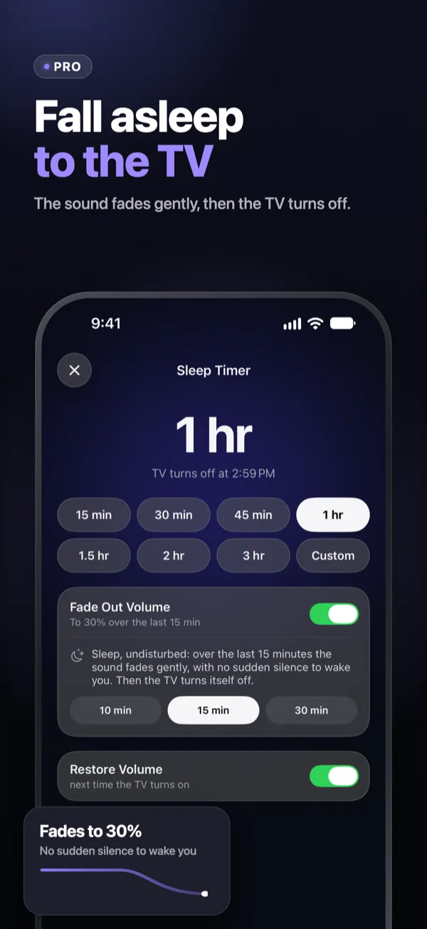 App Store screenshot 2: Fall asleep to the TV — sleep timer from 15 minutes to 3 hours, the sound fades to 30%