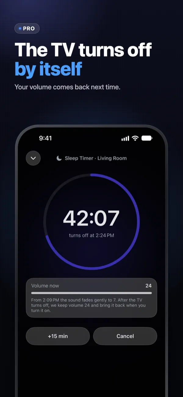 App Store screenshot 3: The TV turns off by itself — the sleep timer counts down at night