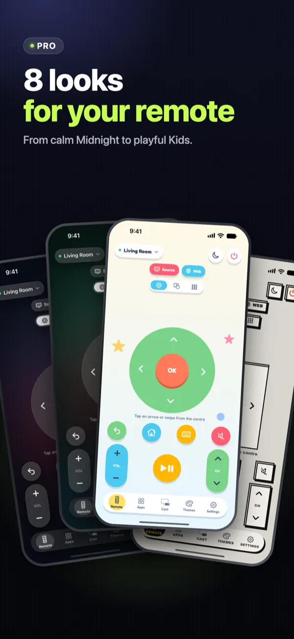 App Store screenshot 7: Eight looks for the remote — Midnight, Aurora, Kids and Brutal themes side by side