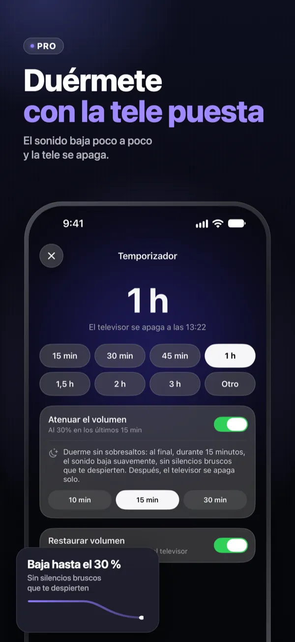 Duérmete con la tele puesta — temporizador de apagado de 15 minutos a 3 horas; el sonido baja hasta el 30 %