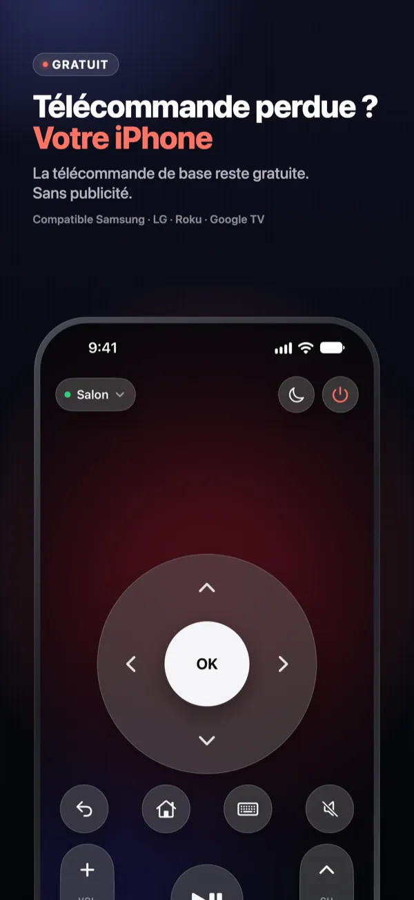 Télécommande perdue ? Votre iPhone — la télécommande Vymote avec pavé tactile, OK, volume et chaînes
