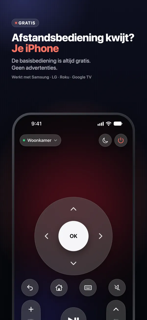 Afstandsbediening kwijt? Je iPhone — de Vymote-afstandsbediening met clickpad, OK, volume en zenders
