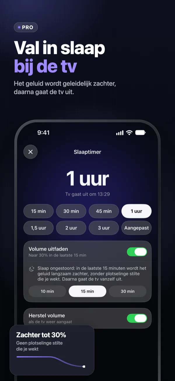 Val in slaap bij de tv — slaaptimer van 15 minuten tot 3 uur, het geluid wordt zachter tot 30%