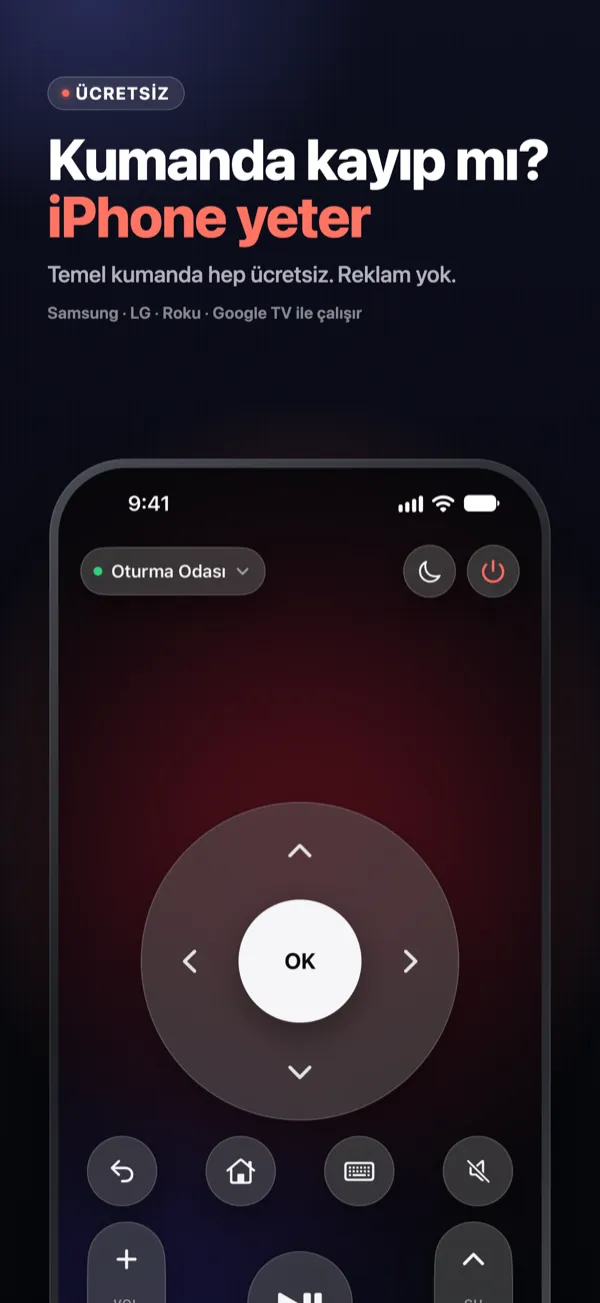 Kumanda kayıp mı? iPhone yeter — dokunmatik yüzey, OK, ses ve kanal tuşlarıyla Vymote kumandası