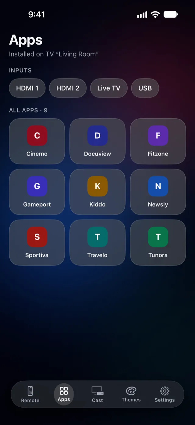 Vymote apps and inputs screen showing TV apps and HDMI inputs as tiles