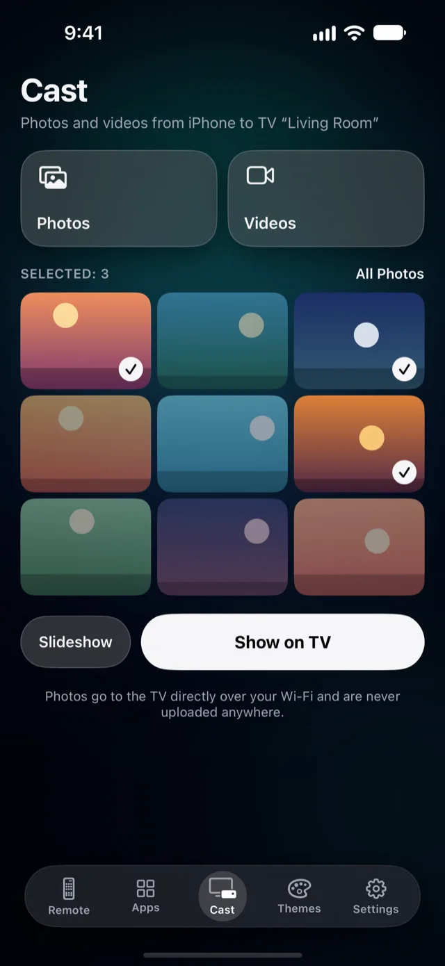 Vymote Cast screen on iPhone with Photos and Videos tiles for sending to the TV