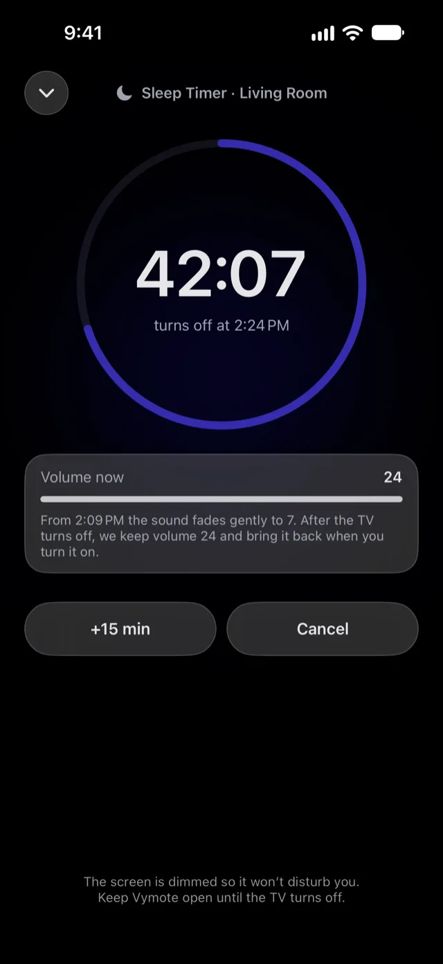 Vymote night screen with a dimmed countdown, a +15 min button and Cancel