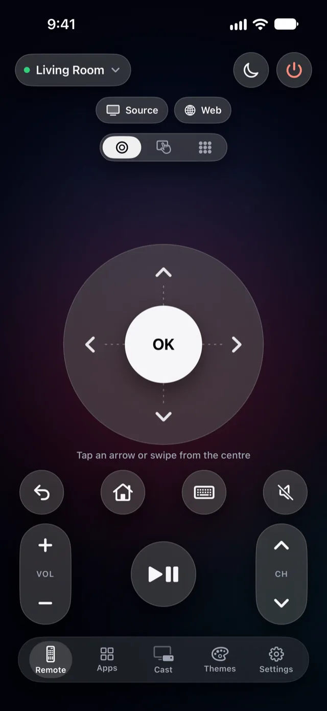 Vymote remote screen on iPhone, connected to a TV, with a clickpad and volume controls