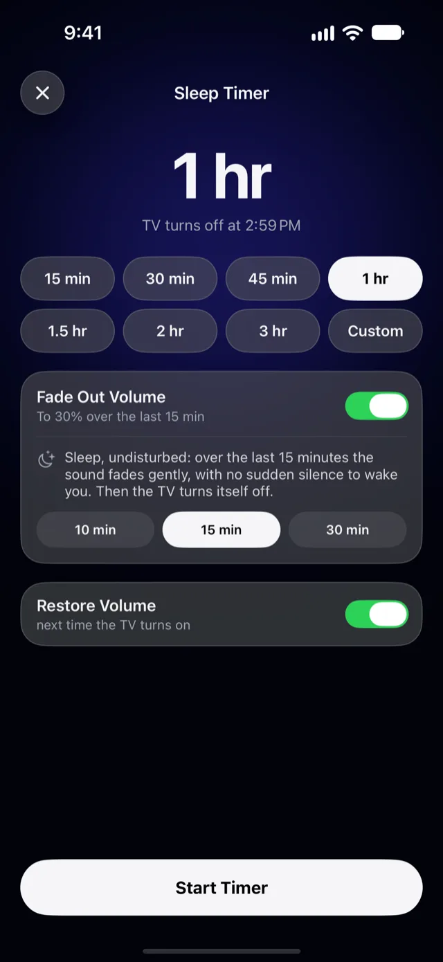 Vymote sleep timer screen on iPhone with durations from 15 minutes to 3 hours and a fade option