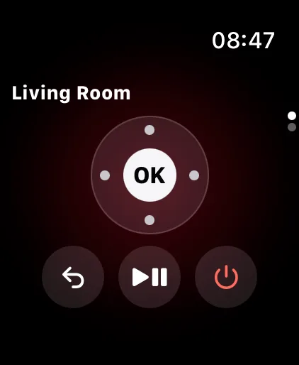 Vymote on Apple Watch: a round clickpad with OK, plus Back, Play/Pause and Power buttons