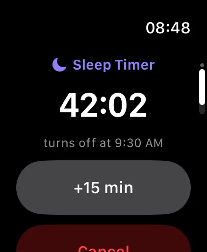 Vymote sleep timer on Apple Watch with the time the TV turns off, +15 min and Cancel